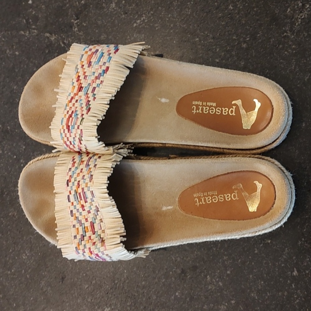 Paseart leather Fringe Braided Jute slide sandals Womens Size 9.5/10 Or 41